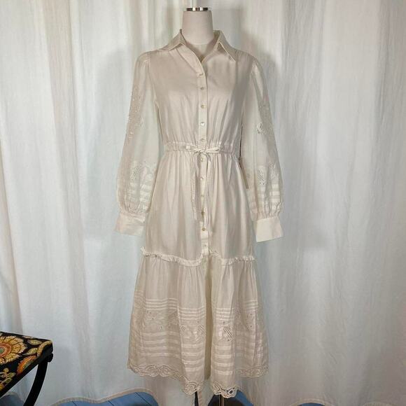 St. Roche Midi Shirt Dress White Cotton Collared Puff Sleeve Tiered Sz 6 Cottage - Picture 6 of 15